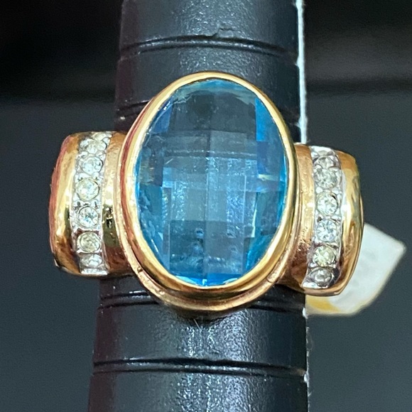 Vintage Aquamarine Pillow Cut Stone Gold-plated Statement Ring Size 6 - Picture 7 of 12